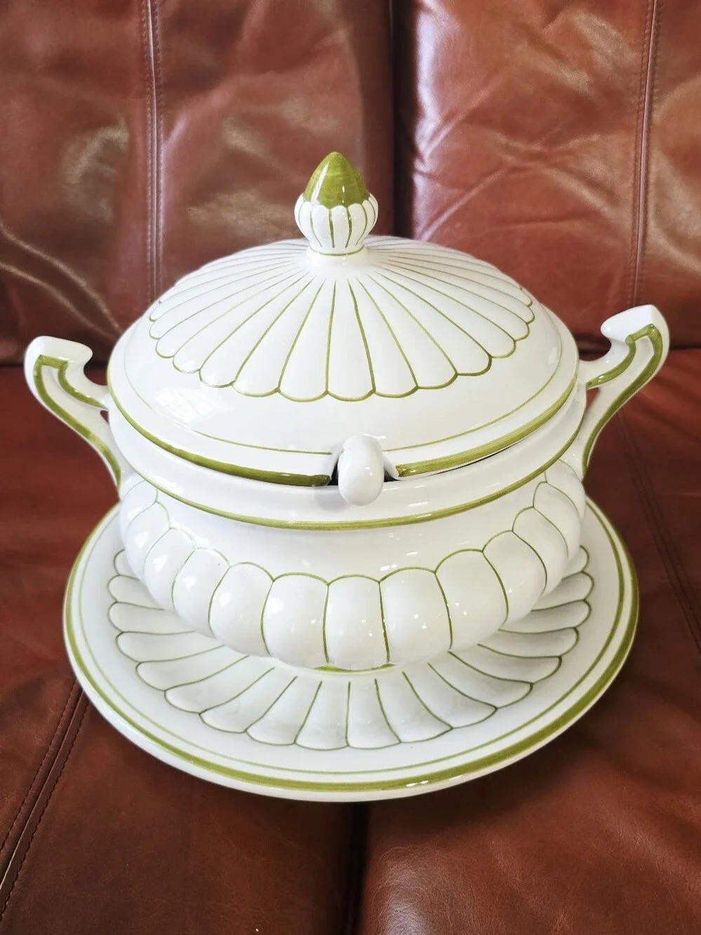 White and Olive Green Lidded Tureen with Underplate